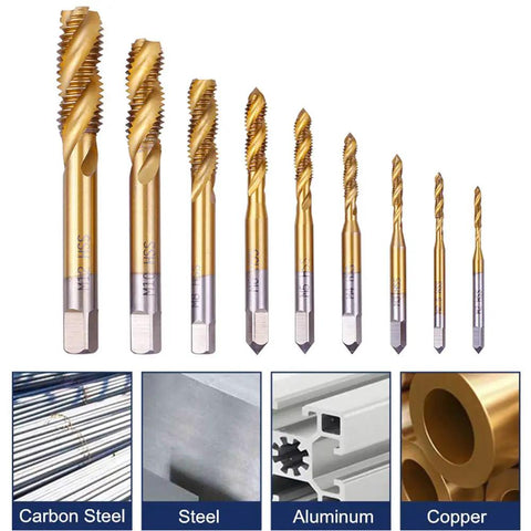 Pro Grade Titanium Coated HSS Spiral Flute Tap Set 9 Piece Metric Taps M2 Through M12 6542 High Speed Steel Rust Resistant