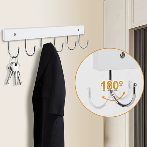 Two Pack Wall Mount Coat Rack With 12 Rotating 180 Degree Hooks 14.6 Inch Rustproof Wooden Entryway Organizer In White Space Saving Hanger For Coats Purses Hats Jackets Towels Durable Convenience with jacket and keys hanging.
