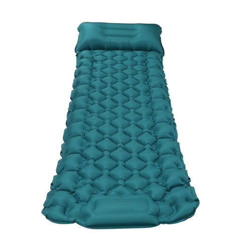 Top view of Fast Inflate Camping Mattress With Foot Pump On The Go Ergonomic Design And Neck Support Pillow Peacock Blue Nylon