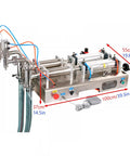 Double Head Pneumatic Liquid Filling Machine With Stainless Steel Body Featuring Auto And Manual Controls Plus A Snappy Foot Switch Gliding Smooth Through Bottle Filling For Oils Or Liquids In One Hundred To One Thousand Milliliter Range, showcasing dual heads and control panel.
