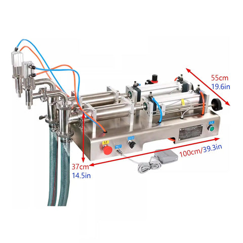 Double Head Pneumatic Liquid Filling Machine With Stainless Steel Body Featuring Auto And Manual Controls Plus A Snappy Foot Switch Gliding Smooth Through Bottle Filling For Oils Or Liquids In One Hundred To One Thousand Milliliter Range, showcasing dual heads and control panel.