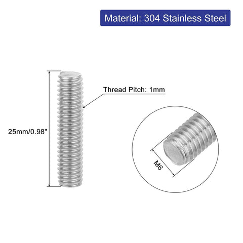 uxcell M6 stainless steel fully threaded rod, 25mm length, 1mm pitch, right-hand thread, 8-piece set, side view