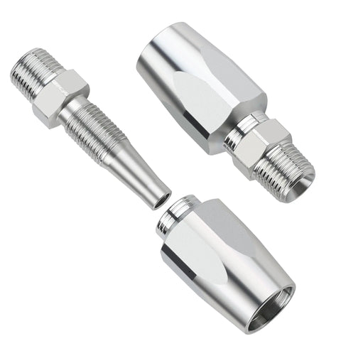Two Pack 3/8 Inch Reusable Hydraulic Fittings For 3/8 Inch ID Hose Repair Kit Size Six Single Wire Hose Replacement Fittings For Double Wire Braided Hydraulic Hoses, highlighting shiny zinc-plated carbon steel material.