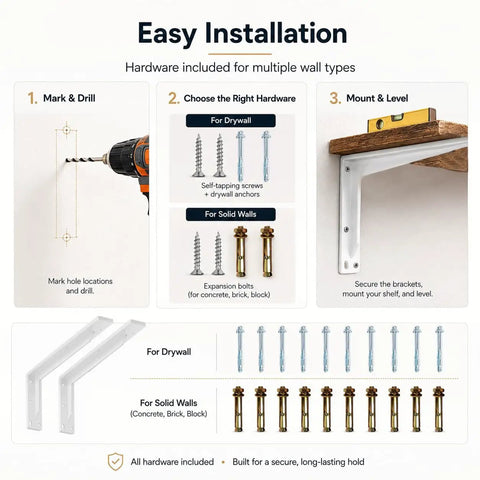 Heavy Duty 20 Inch L Shelf Brackets With 880 Lb Load Capacity, 1/5 Inch Thick Steel installation steps and hardware