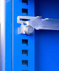 Close-up of locking mechanism on Heavy Duty Rolling Tool Chest And Two Door Garage Storage Cabinet, showing secure steel frame.