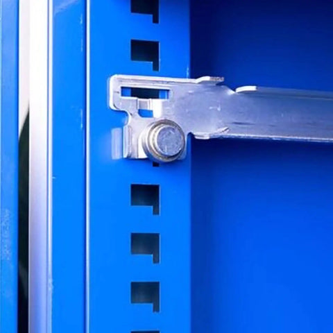 Close-up of locking mechanism on Heavy Duty Rolling Tool Chest And Two Door Garage Storage Cabinet, showing secure steel frame.