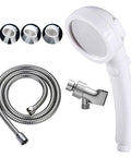 High Pressure Handheld Shower Head With On Off Pause Switch And 3 Spray Modes For Easy Rinse, white, includes hose and angle bracket.