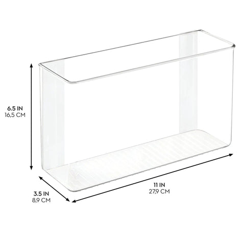 Clear Plastic Wall Mount Organizer For Kitchen Bathroom Office Garage And Craft Room Versatile Wall Mounted Storage Box To Hold Spices Meds Gadgets Toiletries And Small Items Keeps Your Pad Tidy Three Point Five By Eleven By Six Point Five Inches, showing empty clear organizer with measurements