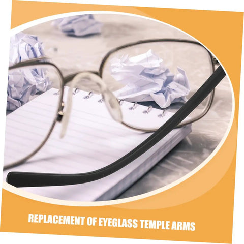 Close-up of eyeglasses with black metal temple, paper, and focus keyword: 2 Pairs Spectacle Temple Replacement Arms For A Comfortable Fit And No Sweat Install Durable Design For Quick Eyewear Repairs Universal Metal Eyeglass Temple Replacements For Most Glasses.