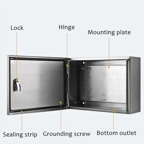 Built Tough Heavy Duty Stainless Steel Electrical Junction Box For Factories And Workshops Universal Enclosure Chest With Rugged Metal Lock Sized 24 By 30 By 8 Inches Durable Storage For Electric Equipment open view with lock, hinge, mounting plate, and bottom outlet