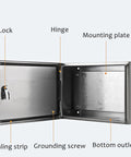 Beefy Stainless Steel Junction Box Enclosure for Industrial Use, Weatherproof Metal Electrical Chest 20x30x6 Inches, 2mm Thick, Ideal for Factories and Workshops, Outdoor Wiring, open door view with lock and mounting plate