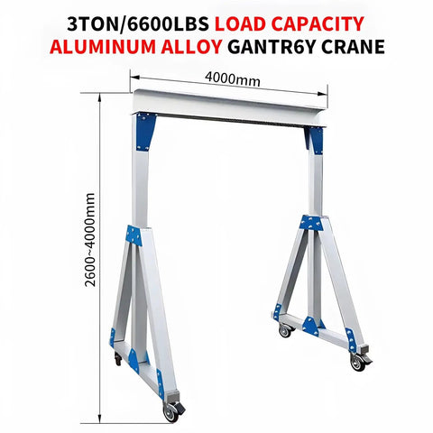 Heavy Duty Portable Gantry Crane, 3 Ton 6600 Lb Max Lift, Sick Aluminum Alloy Frame, height and span adjustment features.