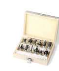 Top Notch 12-Piece 1/2 Inch Shank Wood Milling Cutter Set showing router bits in a wooden case for serious router grindings.