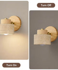 IPEDWO Yellow Travertine Wall Sconce with Natural Wood,4.7" Single Sconce in on and off position, showcasing stone shade and wood design.