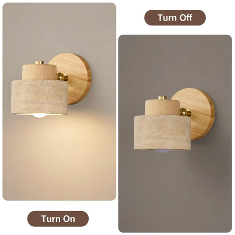 IPEDWO Yellow Travertine Wall Sconce with Natural Wood,4.7" Single Sconce in on and off position, showcasing stone shade and wood design.
