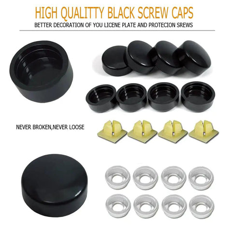 Tough As Nails Anti Theft License Plate Screws Featuring Tamper Resistant M6 Security Bolts In Rust Proof 304 Stainless Steel with black screw caps