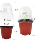 Seed Starter Pots With Humidity Domes Set Of 25 Four Inch Nursery Pots, 25 Red Pots And Clear Lids, Drainage Holes, Transplant Friendly For Seedlings, Succulents, Herbs And Small Plants shown with dimensions