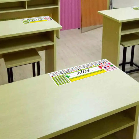 Self Adhesive Desk Nameplates Set For Primary Students Pack Of 36 14 By 4 Inches on classroom desks with alphabet and shapes