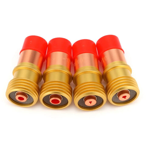 Badass TIG Welding Torch Accessories Kit Packed With Stubby Gas Lens Collets And Clear Glass Shrouds Snugs Right Up To WP17 WP18 WP26 Torches: Four copper gas lens collets with red caps.