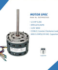Blower Fan Motor One Third HP 115V Replacement For Furnace 1075 RPM Four Speed CW Shaft Half Inch Compatible With 5KCP39GGZ183S