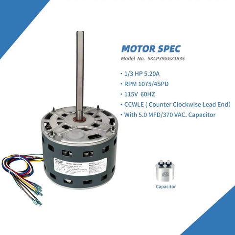 Blower Fan Motor One Third HP 115V Replacement For Furnace 1075 RPM Four Speed CW Shaft Half Inch Compatible With 5KCP39GGZ183S