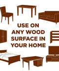Illustration of furniture with text 'Use on any wood surface in your home' for Wood Floor And Furniture Scratch Repair Kit With 4 Filler Sticks And 4 Touch Up Markers To Fix Scratches Chips And Dings Blend Colors To Match Finish Restores Worn Edges And Surfaces.