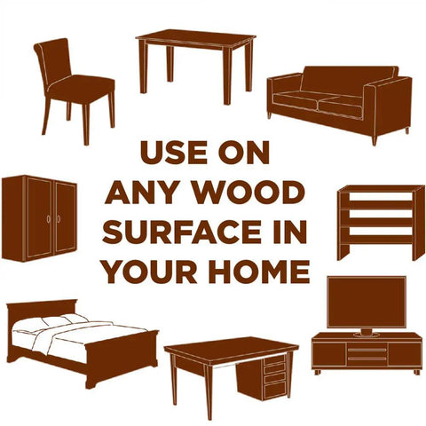 Illustration of furniture with text 'Use on any wood surface in your home' for Wood Floor And Furniture Scratch Repair Kit With 4 Filler Sticks And 4 Touch Up Markers To Fix Scratches Chips And Dings Blend Colors To Match Finish Restores Worn Edges And Surfaces.