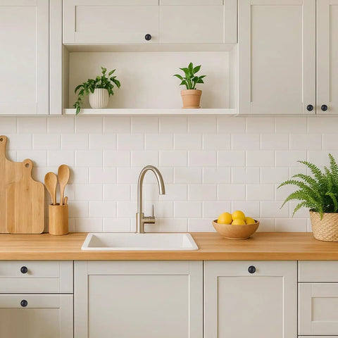 Modern kitchen with 6 Pack Black Self Adhesive Cabinet Knobs No Drill Stick On Hardware Handles For Kitchen Cabinets Drawers