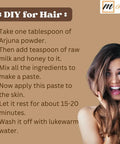 Smiling woman next to DIY instructions for using Arjuna powder for hair care