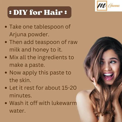 Smiling woman next to DIY instructions for using Arjuna powder for hair care
