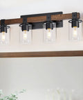 Farmhouse Rustic Vanity Light Over Mirror 4 Light Industrial Wall Sconce With Clear Glass Shades Vintage Wood Accents Black Finish