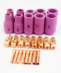 All In One 55 Piece TIG Welding Torch Consumables Kit For WP9 WP20 WP25 Series with alumina nozzles and copper tips displayed