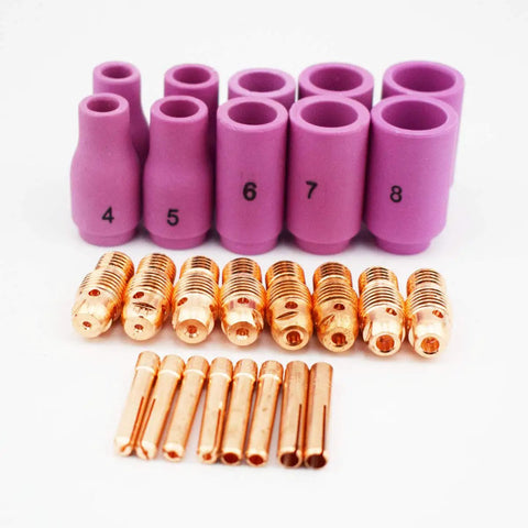 All In One 55 Piece TIG Welding Torch Consumables Kit For WP9 WP20 WP25 Series with alumina nozzles and copper tips displayed