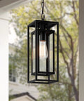 Dope 14 Inch Outdoor Pendant Light For Front Porch Featuring Adjustable Six Foot Chain And Sleek Vintage Metal Shade For Patio Entryway Hanging Lamp, black metal with clear bulb.