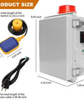 Upgraded Septic Control Panel With Alarm And Float Switch 110 dB Audible With Flashing Lights, size view with float switch and power cord