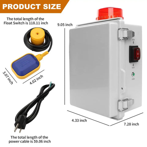 Upgraded Septic Control Panel With Alarm And Float Switch 110 dB Audible With Flashing Lights, size view with float switch and power cord