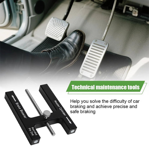 Sandfren brake booster adjustment tool with magnet design, aluminum body; pedal depressor installed near brake and accelerator pedals.