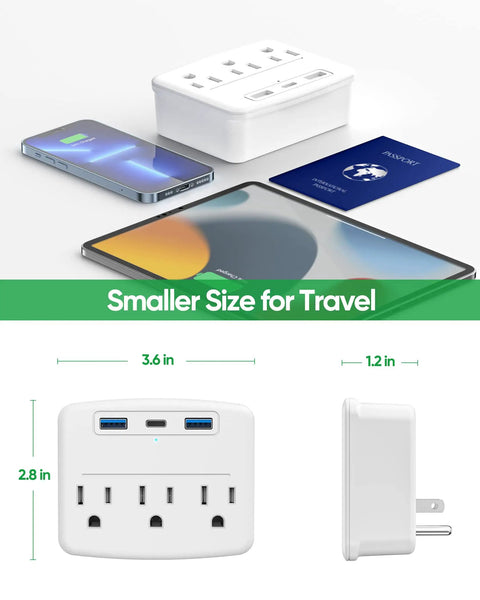 Foldable Travel Power Strip With USB C And USB A Ports 6 In 1 Compact Wall Plug 3 AC Outlets And 3 USB Ports No Surge Protector