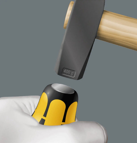Kraftform Plus 932 A Slotted Screwdriver 9mm Head 6 Inch Blade Length, handle with impact cap being struck by a hammer
