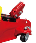 Close-up of Heavy Duty Hydraulic Floor Jack 2 Ton Trolley Jack With 4000 Lb Capacity, Safety Overload System, red steel finish.