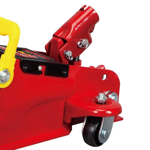 Close-up of Heavy Duty Hydraulic Floor Jack 2 Ton Trolley Jack With 4000 Lb Capacity, Safety Overload System, red steel finish.