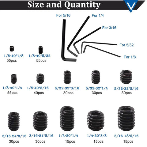 Internal Hex Flat Head Socket Set Screw Kit 400 Pieces 12 Size 12.9 Alloy Steel Black Grub Screws With 5 Hex Wrenches