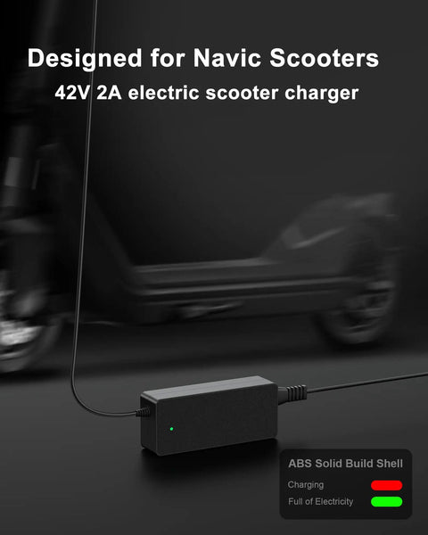 42V Replacement Charger for Electric Scooters 100 to 240V AC Input, 42V 2A Output shown with NAVIC scooter in background