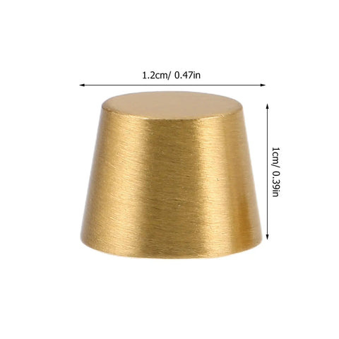 Close-up of Brass Furniture Stabilizer Legs Four Pack For Mini Cabinets And Desks 10mm Decorative Riser Feet with dimensions