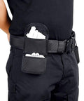 Person wearing Two Pair Glove Pouch For Duty Belt, Heavy Duty Ballistic Nylon Glove Holder with gloves, fits 2 inch belts.