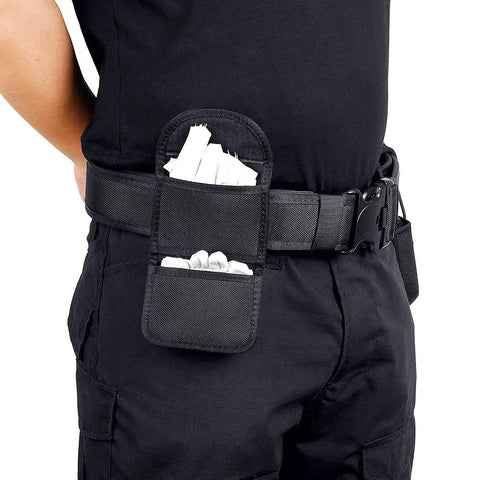 Person wearing Two Pair Glove Pouch For Duty Belt, Heavy Duty Ballistic Nylon Glove Holder with gloves, fits 2 inch belts.