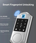 Keyless Front Door Lock With Fingerprint And Touchscreen Keypad, App Control, Auto Lock, And One Touch Locking, Five Ways To Unlock Including Passcode, IC Card, Mechanical Keys, And Remote App, Satin Nickel Finish showing fingerprint sensor