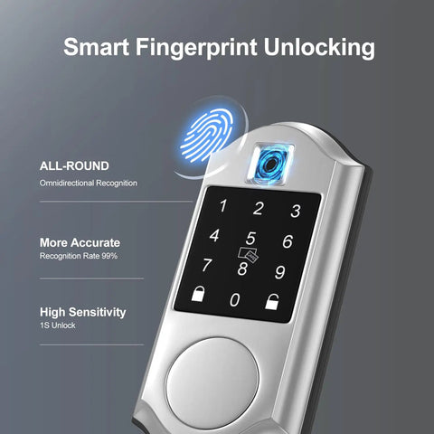 Keyless Front Door Lock With Fingerprint And Touchscreen Keypad, App Control, Auto Lock, And One Touch Locking, Five Ways To Unlock Including Passcode, IC Card, Mechanical Keys, And Remote App, Satin Nickel Finish showing fingerprint sensor