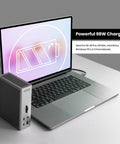 Next Level Thunderbolt 4 Dock Packing 18 Ripping Fast Ports Delivers 98 Watt Juice Powers Flawless 8K Dual Monitors And Boasts Blazing Ethernet For Mac And Windows, with laptop and charging indicator.