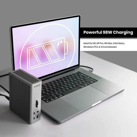 Next Level Thunderbolt 4 Dock Packing 18 Ripping Fast Ports Delivers 98 Watt Juice Powers Flawless 8K Dual Monitors And Boasts Blazing Ethernet For Mac And Windows, with laptop and charging indicator.